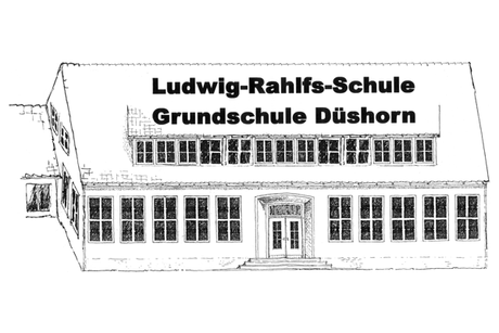 Bild vergr&ouml;&szlig;ern: Das Logo zeigt eine Zeichnung eines Geb&auml;udes mit der Aufschrift 'Ludwig-Rahlfs-Schule Grundschule D&uuml;shorn'. Das Geb&auml;ude hat zwei Stockwerke mit vielen Fenstern. Im Erdgeschoss befinden sich acht gro&szlig;e Fenster und eine zentrale Eingangst&uuml;r mit einem kleinen Vordach. Im oberen Stockwerk sind ebenfalls viele Fenster zu sehen. Das Dach ist schr&auml;g und das gesamte Geb&auml;ude wirkt symmetrisch.