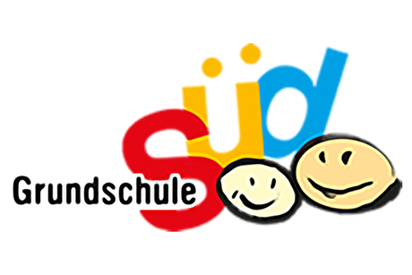 Bild vergr&ouml;&szlig;ern: Das Bild zeigt das Logo einer Grundschule. Der Text 'Grundschule S&uuml;d' ist zu sehen. Das Wort 'S&uuml;d' ist in gro&szlig;en, bunten Buchstaben geschrieben: das 'S' ist rot, das '&uuml;' ist gelb und das 'd' ist blau. Unter dem Wort 'S&uuml;d' steht in kleinerer, schwarzer Schrift das Wort 'Grundschule'. Rechts neben dem Text sind zwei l&auml;chelnde Gesichter abgebildet.