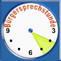 Bild vergr&ouml;&szlig;ern: Grafische Uhr mit dem Schriftzug &raquo;B&uuml;rgersprechstunde&laquo; und gelbem Zeiger.